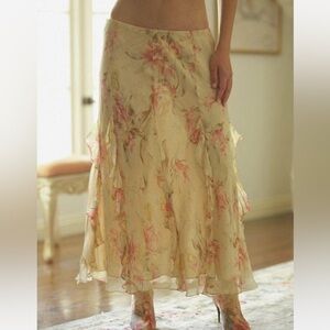 Ralph Lauren Floral 100% Silk Ruffle Maxi Skirt Cream/Pink